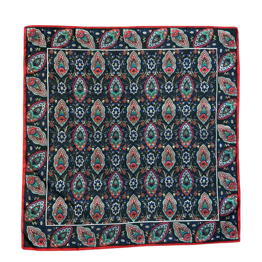 VTG RED BLACK BLUE FLORAL FOLK FAN FEATHER INTRICATE PATTERN SQUARE SCARF