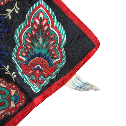 VTG RED BLACK BLUE FLORAL FOLK FAN FEATHER INTRICATE PATTERN SQUARE SCARF