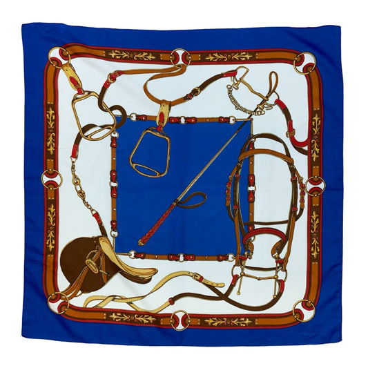 VTG BLUE BROWN GOLD WHITE EQUESTRIAN HORSE THEME SADDLE WHIP SQUARE SCARF