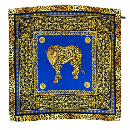 VTG 90s ELEGANT ROYAL GOLD BLUE LEOPARD DECORATIVE BAROQUE-STYLE SQUARE SCARF