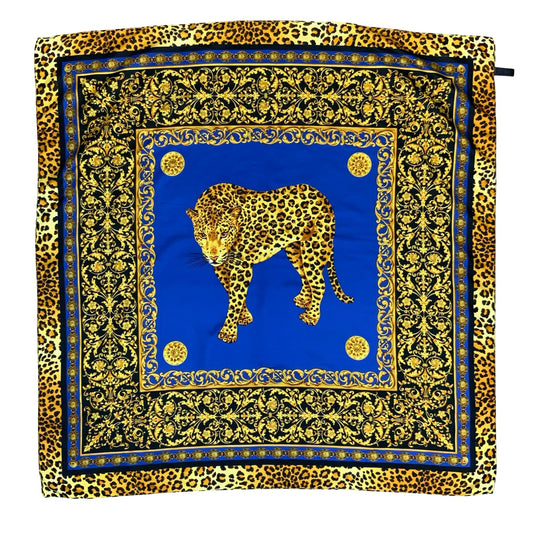 VTG 90s ELEGANT ROYAL GOLD BLUE LEOPARD DECORATIVE BAROQUE-STYLE SQUARE SCARF