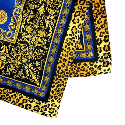 VTG 90s ELEGANT ROYAL GOLD BLUE LEOPARD DECORATIVE BAROQUE-STYLE SQUARE SCARF