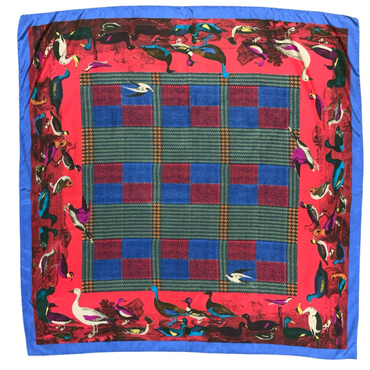 VTG BLUE RED GRAPHIC BIRDS AVIAN DUCK CHECKED COLOURFUL SQUARE SCARF