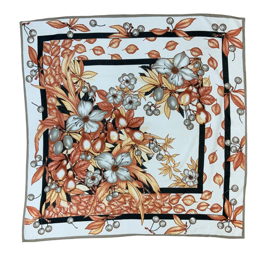 VTG 80s 90s RED WHITE GREY AUTUMNAL FLORAL BOTANICAL PATTERNED SQUARE SCARF