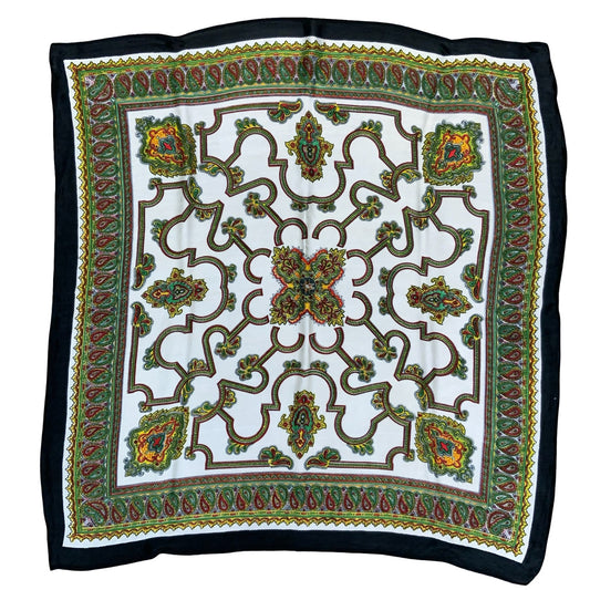 VTG BLACK GREEN RED WHITE DETAILED PATTERN PAISLEY SQUARE SCARF