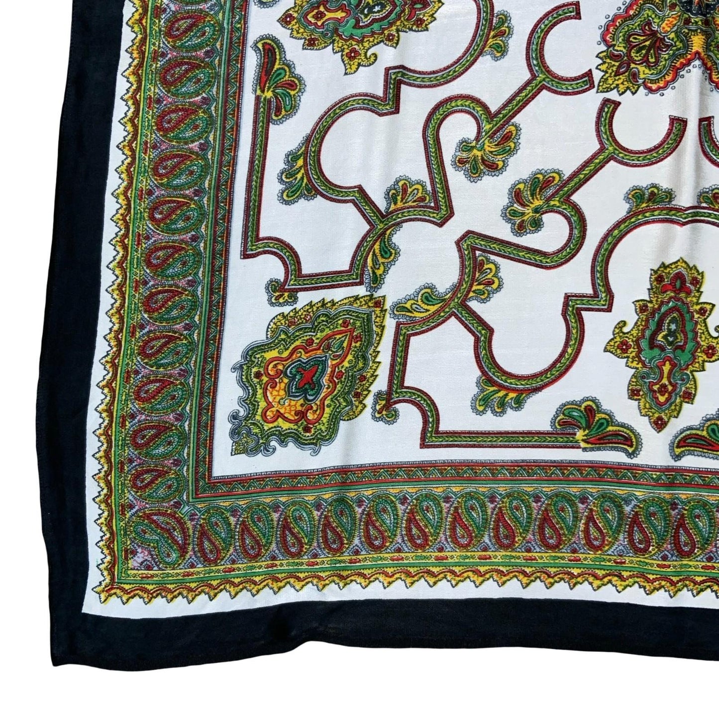 VTG BLACK GREEN RED WHITE DETAILED PATTERN PAISLEY SQUARE SCARF
