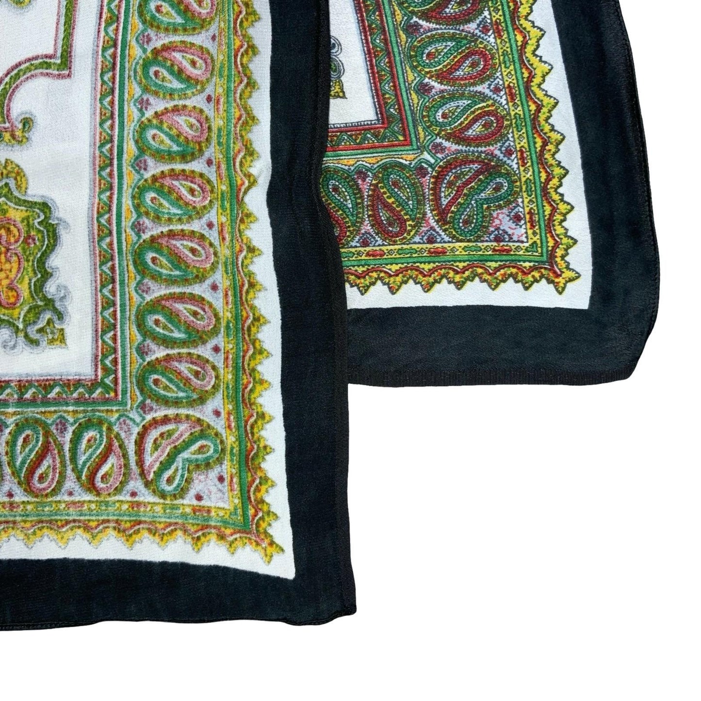 VTG BLACK GREEN RED WHITE DETAILED PATTERN PAISLEY SQUARE SCARF