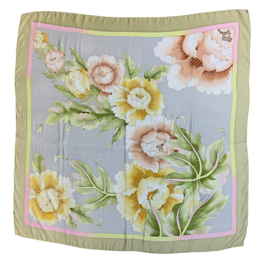 VTG 80s 90s CREAM YELLOW BEIGE FLORAL BOTANICAL AESTHETIC SQUARE SCARF