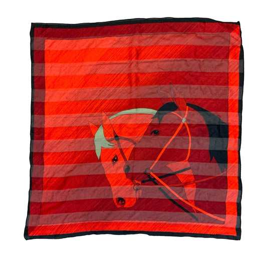 VTG RED & ORANGE HORSE THEMED GRAPHIC DESIGN STRIPED SQUARE SCARF