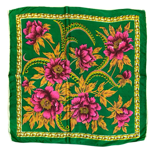 VTG GREEN PINK FLORAL GOLD LEAF PATTERNED SILK VIBRANT LUXURY SQUARE SCARF