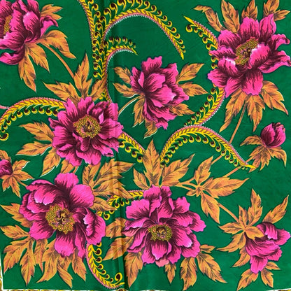 VTG GREEN PINK FLORAL GOLD LEAF PATTERNED SILK VIBRANT LUXURY SQUARE SCARF