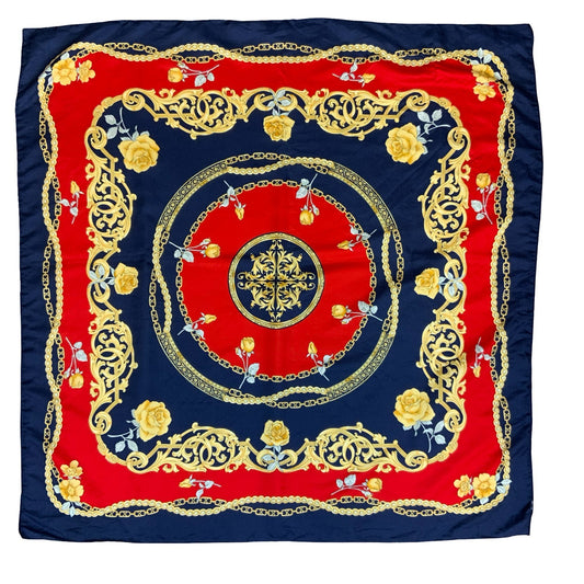 VTG BLUE RED GOLD ROYAL CHAIL FLORAL ROSE INTRICATE DESIGN SQUARE SCARF