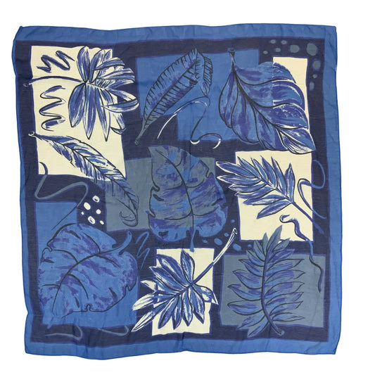 VTG 90s BLUE WHITE BOTANICAL LEAF PATCH GEOMETRIC PATTERNED SQUARE SCARF