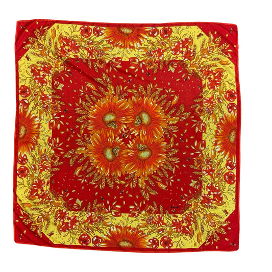 VTG RED YELLOW FLORAL LADY BUG BEE BUTTERFLY INTRICATE DECORATIVE SQUARE SCARF