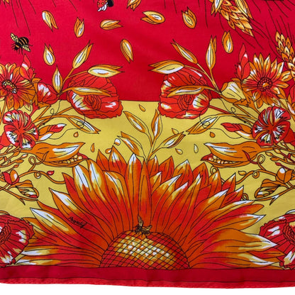 VTG RED YELLOW FLORAL LADY BUG BEE BUTTERFLY INTRICATE DECORATIVE SQUARE SCARF