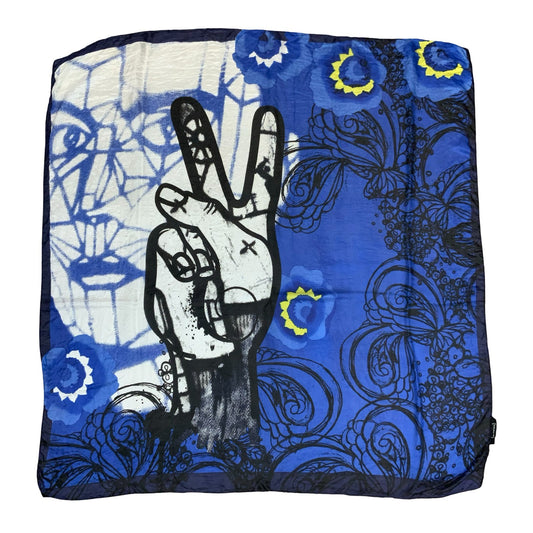 VTG BLUE BLACK ART PRINT TEXTILE HAND PEACE SIGN STRIKING INTRICATE FABRIC SCARF