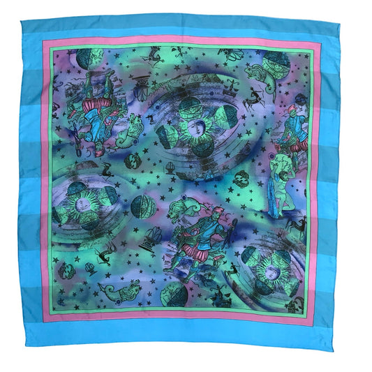 VTG BLUE GREEN PINK CELESTIAL FOLK MYTHICAL SYMBOLIC BANDANNA SQUARE SCARF