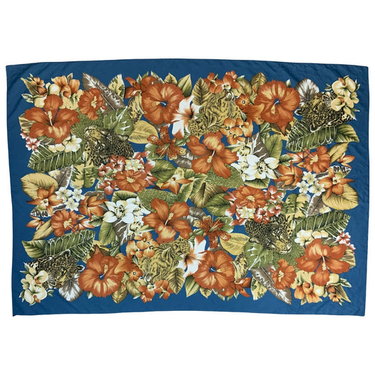 VTG BLUE FLORAL ORANGE YELLOW GREEN HIBISCUS TROPICAL LEOPARD SARONG SCARF