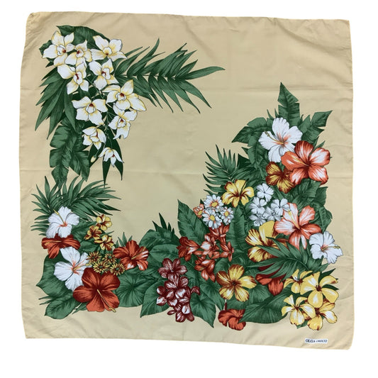 VTG 80s 'OLGA GRECO' BEIGE FLORAL RED YELLOW WHITE ITALIAN DESIGNER SQUARE SCARF