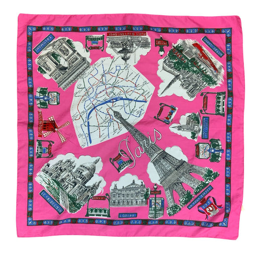 VTG 90s PINK PARIS SOUVENIR METRO MAP PARISIAN SQUARE TOURIST SCARF