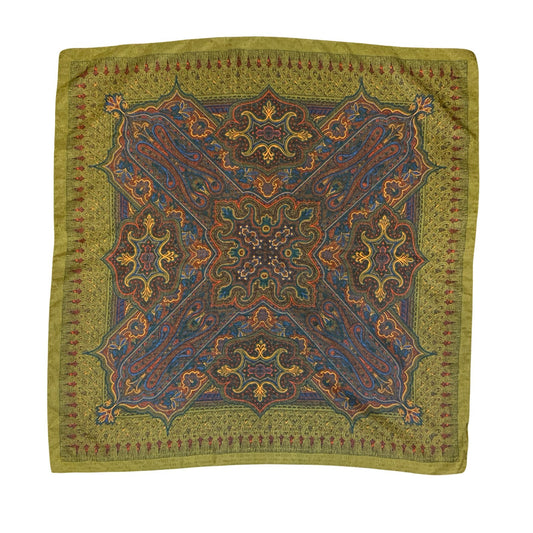 VTG 90s GREEN BLUE RED INTRICATE ORNAMENTAL FLORAL FOLKLORE SQUARE SCARF