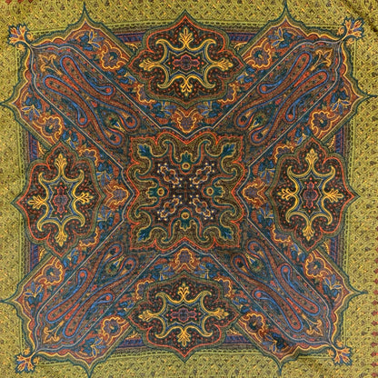 VTG 90s GREEN BLUE RED INTRICATE ORNAMENTAL FLORAL FOLKLORE SQUARE SCARF