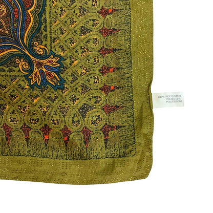 VTG 90s GREEN BLUE RED INTRICATE ORNAMENTAL FLORAL FOLKLORE SQUARE SCARF