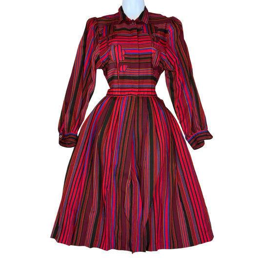 VTG 80s 'BOGNER' RED BLUE BLACK STRIPE FLORAL EMBROIDERED AUTUMNAL DRESS UK 8/10
