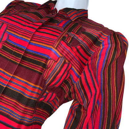 VTG 80s 'BOGNER' RED BLUE BLACK STRIPE FLORAL EMBROIDERED AUTUMNAL DRESS UK 8/10