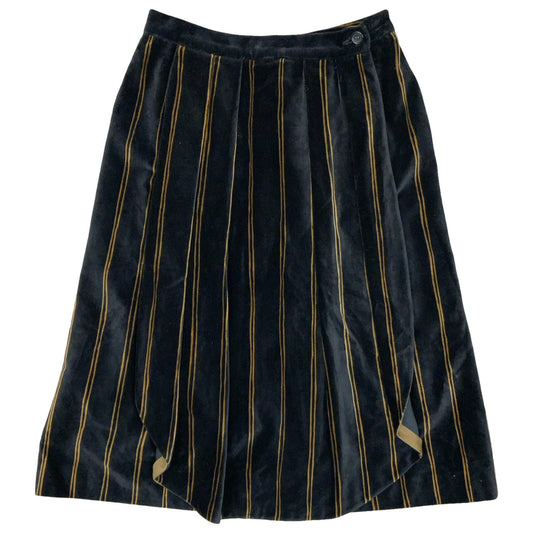 Vtg 'Giorgio Armani' Black Gold Striped Cotton Velvet Pleated Midi Skirt UK 10