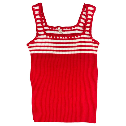 Vtg 70s Red White Striped Ribbed Elasticated Sleeveless Strappy Vest Top UK 8/10