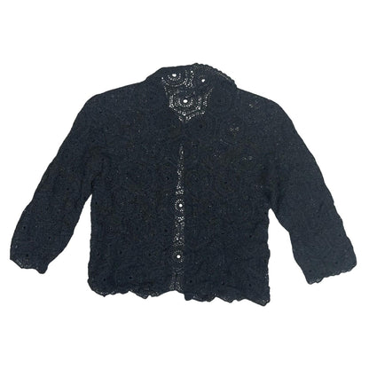 Vtg Black Floral Knit Crochet Textured Cut-Out Gothic Bolero Cardigan UK 8/10