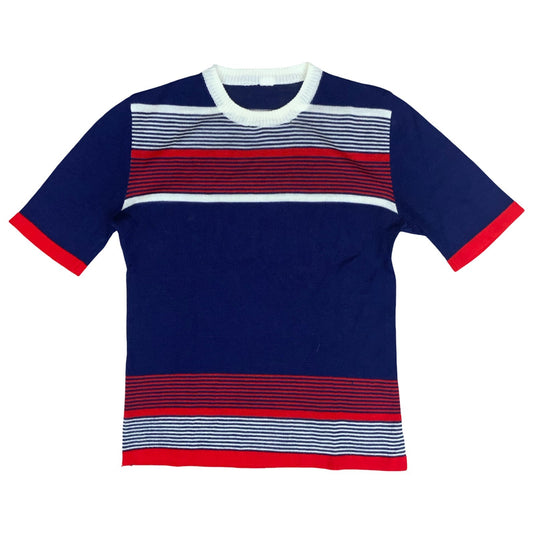 VTG 70s 80s Blue Red White Stripe Short Sleeve Casual Ribbed Knit T-Shirt UK 6/8