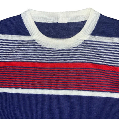 VTG 70s 80s Blue Red White Stripe Short Sleeve Casual Ribbed Knit T-Shirt UK 6/8