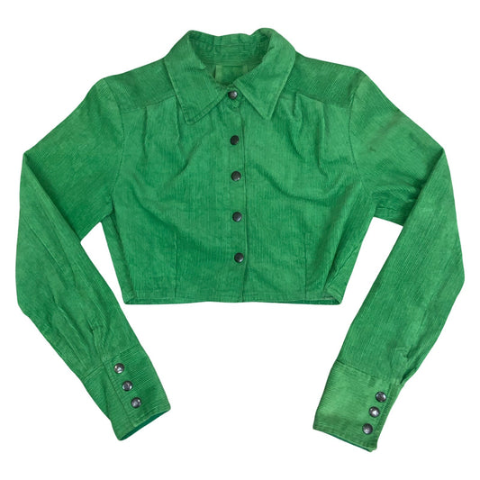 VTG 90s y2k Green Button-Up Cropped Casual Retro Corduroy Shirt Jacket UK 8/10