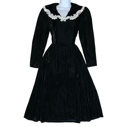 Vtg 80s 'Gunne Sax' by Jessica McClintock Black Velvet Sailor Gothic Dress UK6/8