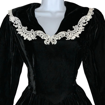 Vtg 80s 'Gunne Sax' by Jessica McClintock Black Velvet Sailor Gothic Dress UK6/8