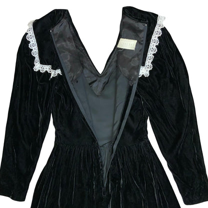 Vtg 80s 'Gunne Sax' by Jessica McClintock Black Velvet Sailor Gothic Dress UK6/8