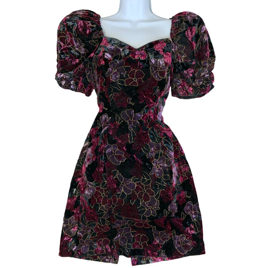 Vtg 80s 'Paris Sport Club' Velvet Purple Black Floral Puff Sleeve Mini Dress 10
