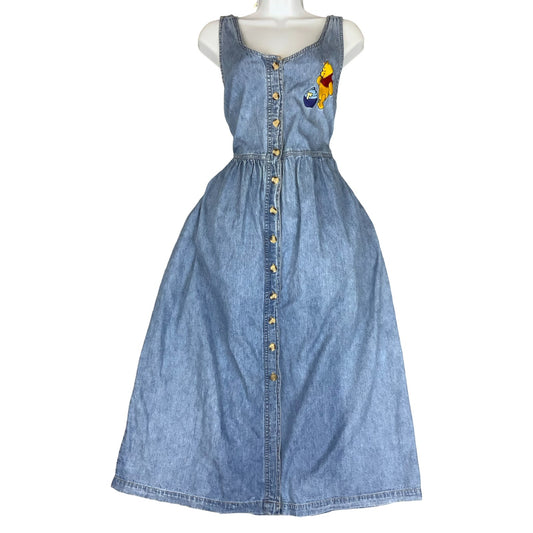 90s Y2K 'The Disney Store' Blue Winnie the Pooh Embroidered Denim Dress UK 10/12