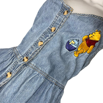 90s Y2K 'The Disney Store' Blue Winnie the Pooh Embroidered Denim Dress UK 10/12