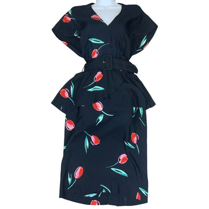 Vtg 80s 'Gila Grunert Creation' Black Red Tulip Wrap-Style Belted Midi Dress 12