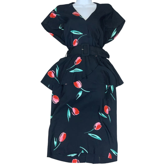 Vtg 80s 'Gila Grunert Creation' Black Red Tulip Wrap-Style Belted Midi Dress 12