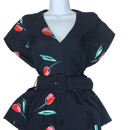 Vtg 80s 'Gila Grunert Creation' Black Red Tulip Wrap-Style Belted Midi Dress 12