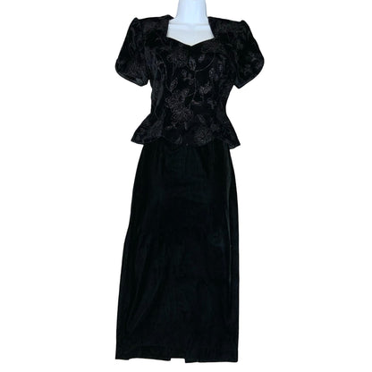 VTG 80s 'Scott McClintock' Designer Black Cocktail Floral Velvet Peplum Dress S