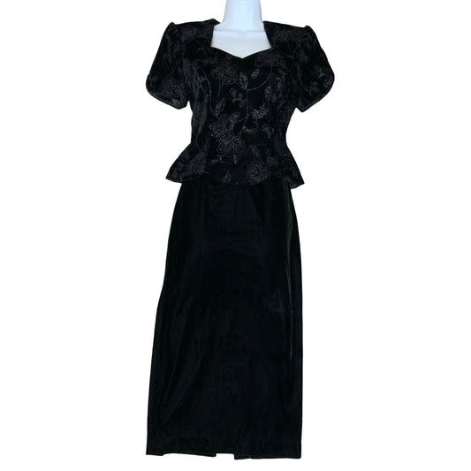 VTG 80s 'Scott McClintock' Designer Black Cocktail Floral Velvet Peplum Dress S