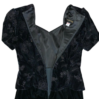 VTG 80s 'Scott McClintock' Designer Black Cocktail Floral Velvet Peplum Dress S