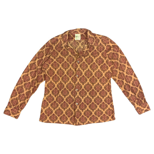 Vtg 70s Orange Brown Red Royal Print Paisley Retro Long Sleeve Textured Shirt M