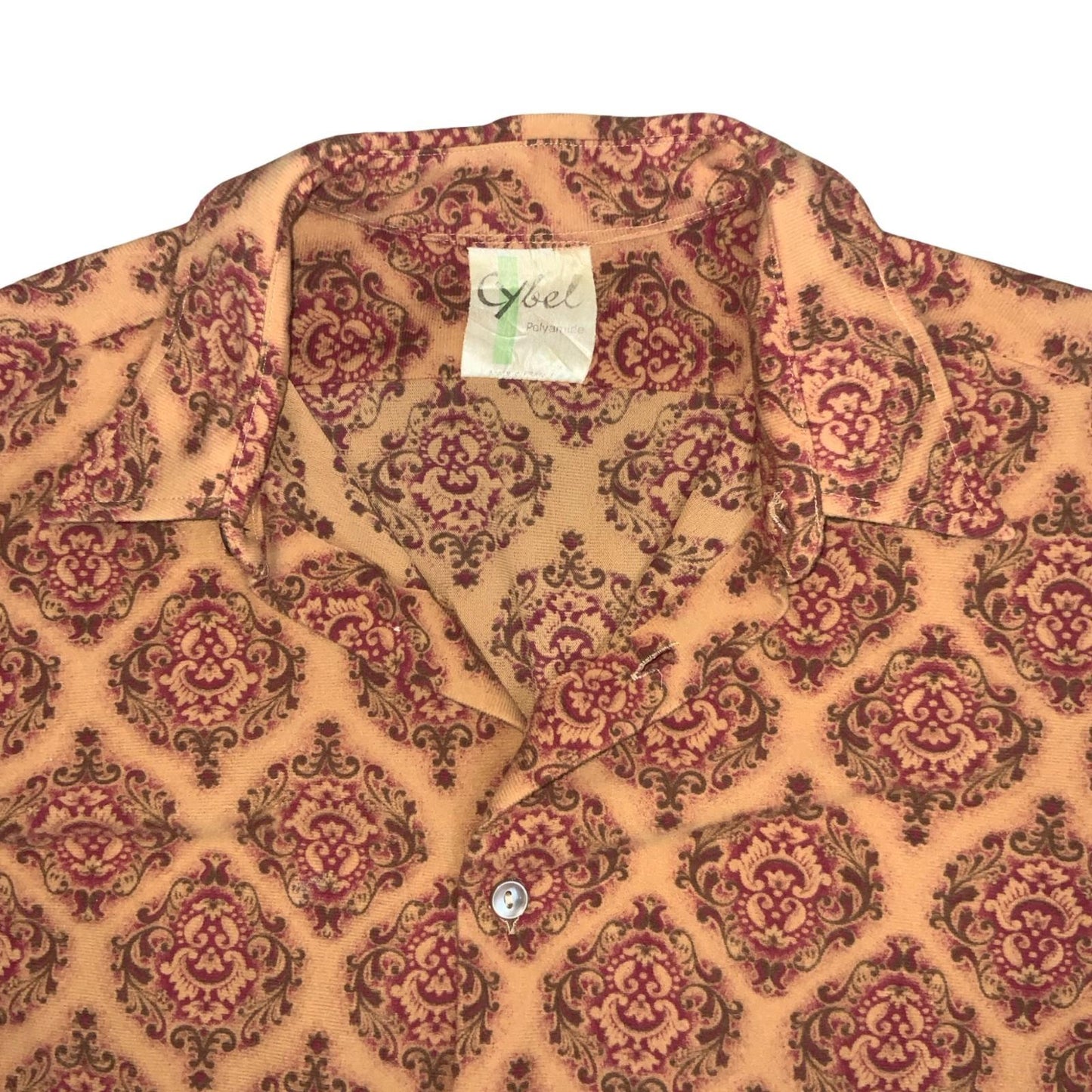 Vtg 70s Orange Brown Red Royal Print Paisley Retro Long Sleeve Textured Shirt M