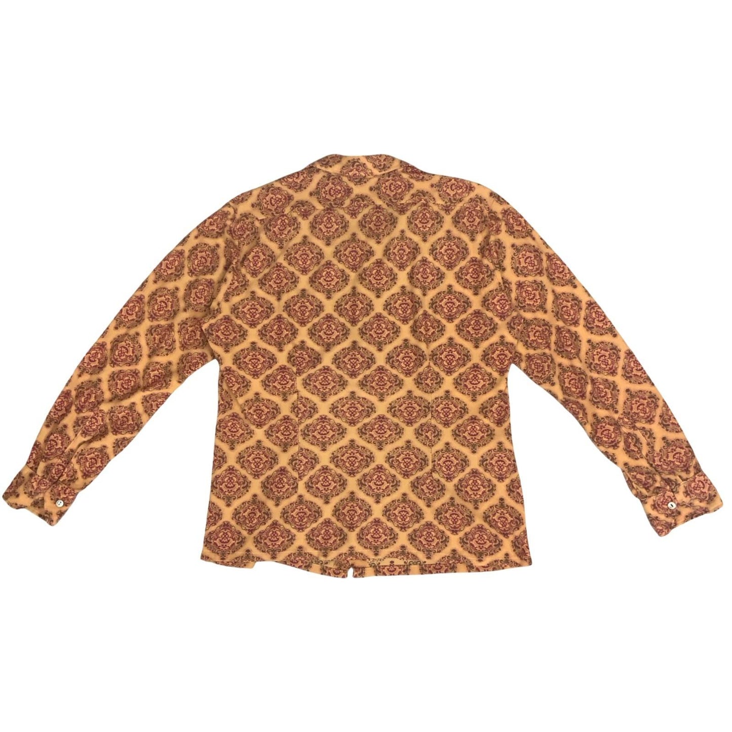 Vtg 70s Orange Brown Red Royal Print Paisley Retro Long Sleeve Textured Shirt M